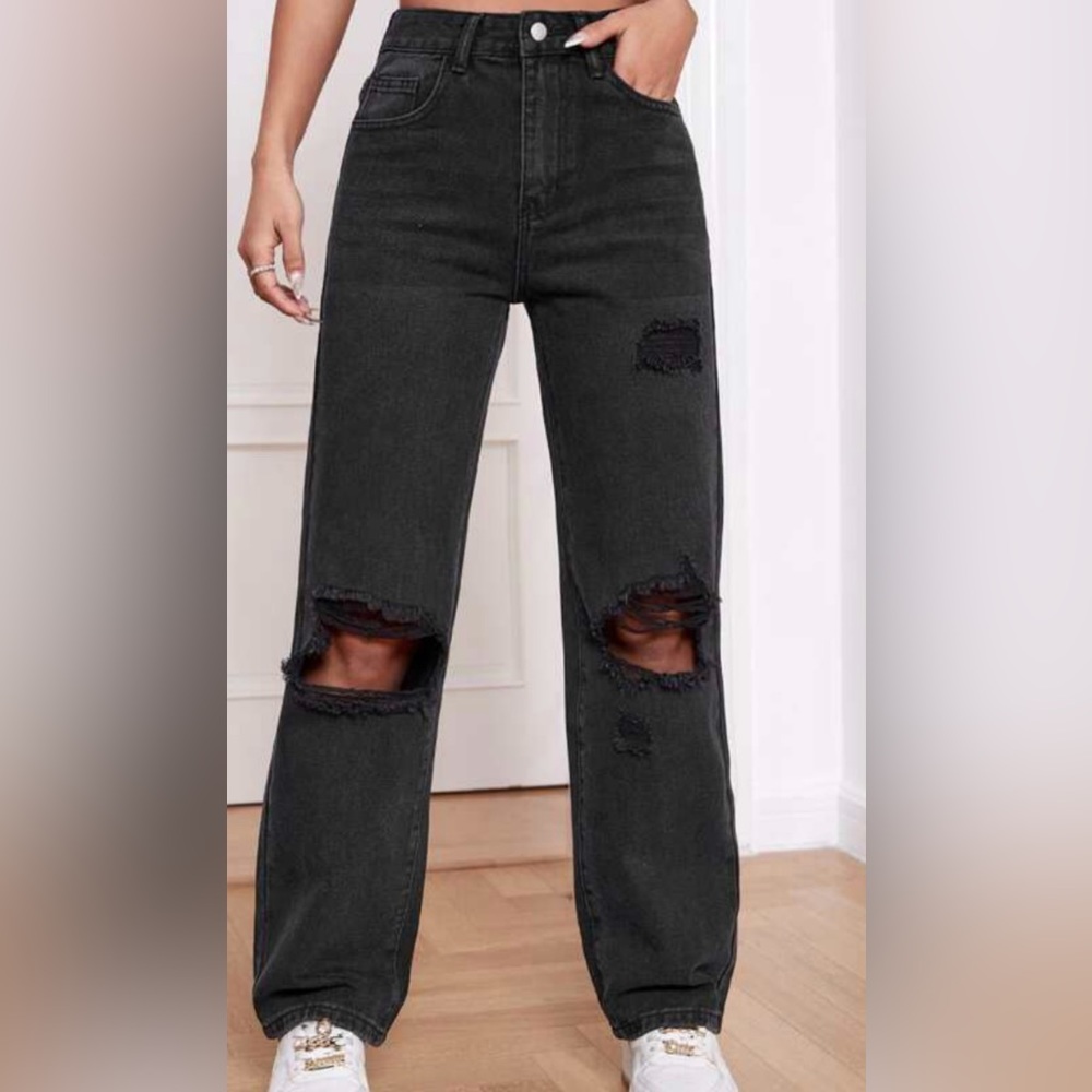 SHEIN Black High Rise Distressed Wide Leg Jeans
